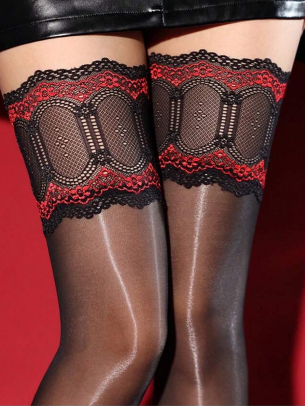 Lace-Top Sheer Thigh High Stockings - Black & Red